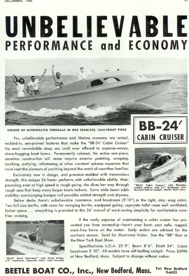 A 1950 fiberglass boat ad for the beetle boat company